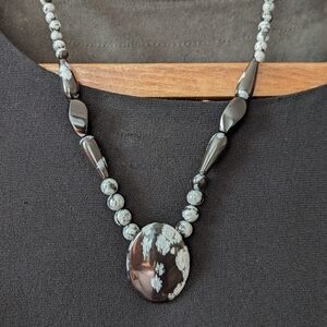 Tourmaline Gem stone necklace black gray stones vintage clasp Goldtone b…